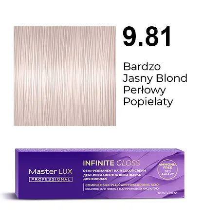 Półtrwała farba do włosów w kremie Master LUX professional INFINITY GLOSS 9.81 Bardzo jasny blond perłowy popielaty
